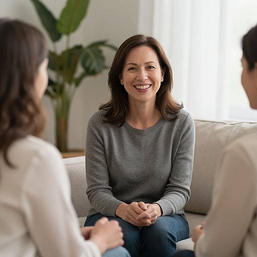 Photograph of a smiling middle-aged woman with medium-length brown hair, wearing a gray sweater, seated on a white couch, engaged in conversation with two