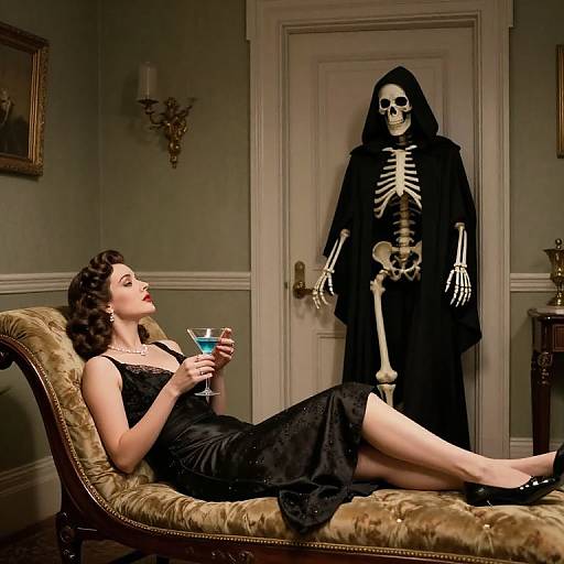 Photograph of a 1940s-styled woman in a black dress lounging on an antique chaise, sipping a martini, as