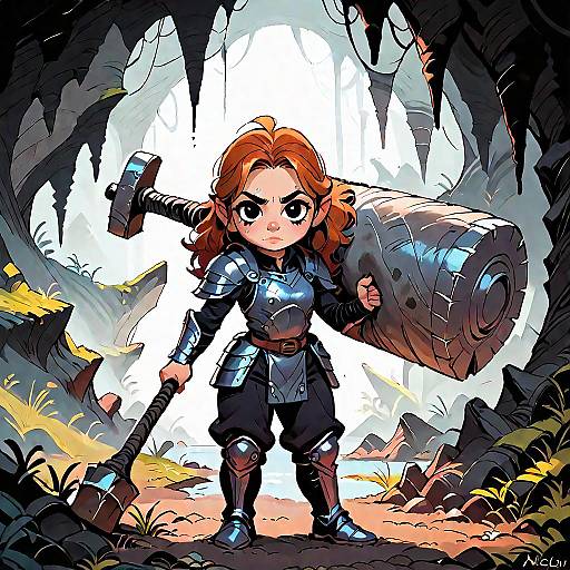 Female Dwarf Warrior in Dark Cave