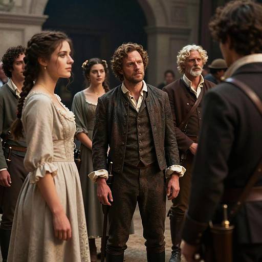 Photograph of a period drama scene: curly-haired man in dark suit and white shirt stands center, surrounded by women in Victorian dresses, one woman in