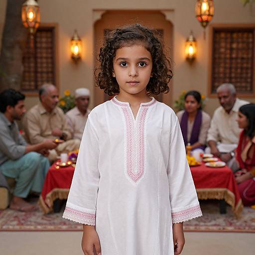 Photograph of a young girl with curly black hair, wearing a white traditional tunic with red embroidery, standing in front of a blurred group of people