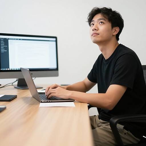Photograph of an Asian man with short black hair, wearing a black t-shirt and beige pants, sitting at a desk, typing on a laptop,