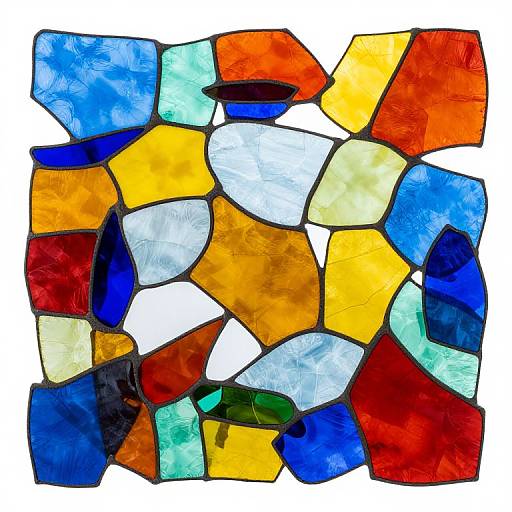 Abstract mosaic artwork with vibrant, irregularly shaped glass-like pieces in colors of red, blue, yellow, orange, white, and green.
