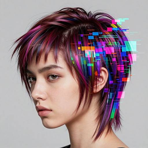 Digital portrait of a young, pale-skinned person with short, dark purple hair featuring colorful, pixelated streaks on the right side. Neutral expression