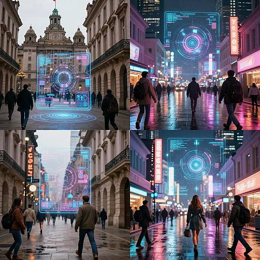 Photograph of a neon-lit, bustling urban street at night, combining real and digitally overlaid futuristic holographic interfaces with glowing blue and pink circles