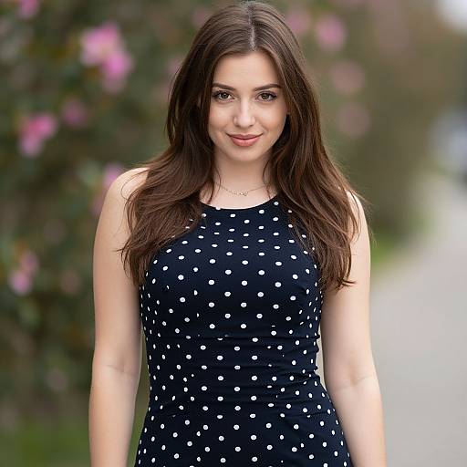 Photograph of a young woman with long brown hair, wearing a black polka dot dress, standing outdoors against a blurred floral background.