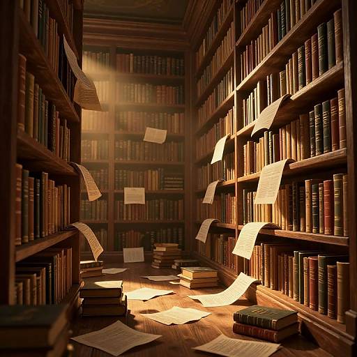Photograph of a dimly lit, wooden library with tall bookshelves on both sides, illuminated by sunlight, showing scattered papers and books falling from