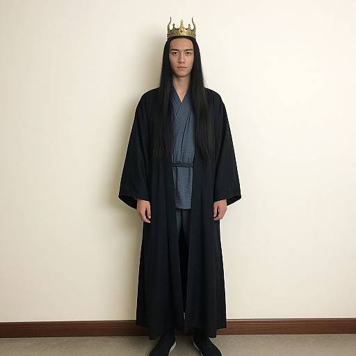 Photograph of a young Asian man with long black hair, wearing a black kimono and a gold crown, standing against a plain white wall.