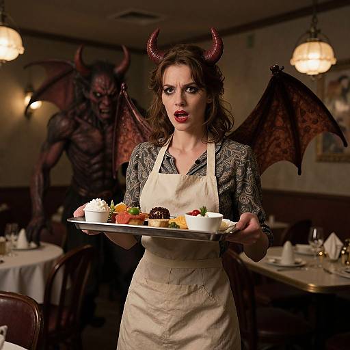 Photograph of a shocked woman with red devil horns and wings, wearing a white apron, holding a dessert tray in a dimly lit restaurant,