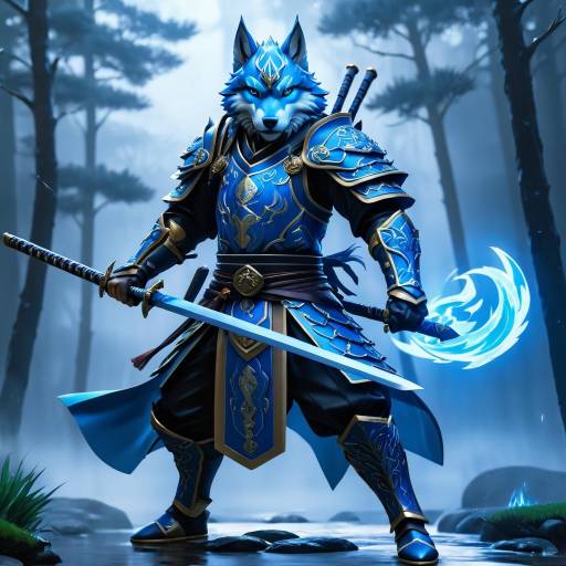 Blue Wolf Samurai Warrior in Armor