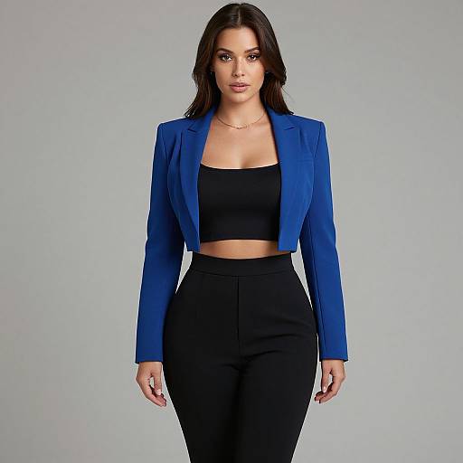 Photograph of a confident woman with long dark hair, wearing a blue blazer, black crop top, and high-waisted black pants, standing