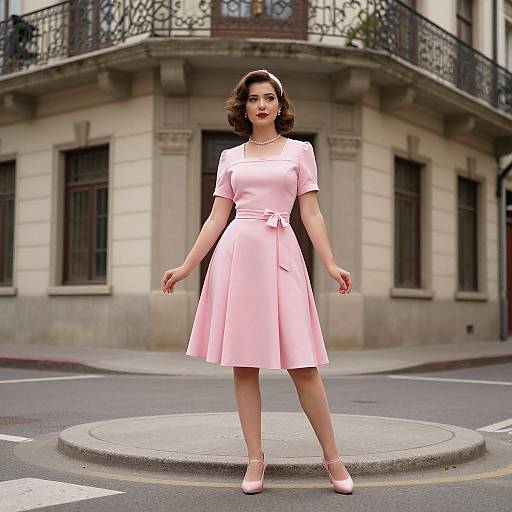 Photograph of a fair-skinned woman with wavy brown hair in a 1950s-style pink dress and matching heels, standing on a city