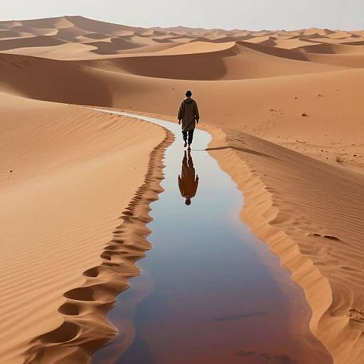 Solitary Journey on Mirrored Desert Path