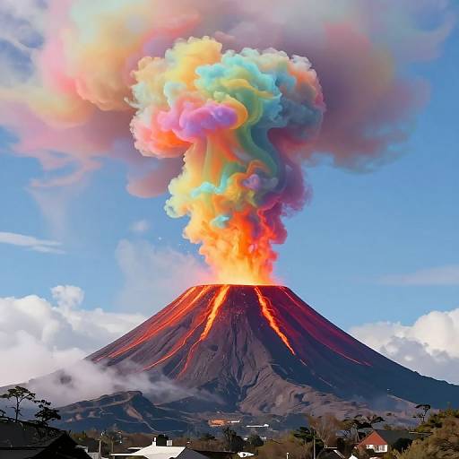 Photograph of an erupting volcano with vibrant, multi-colored smoke plume, bright orange lava flow, against a clear blue sky.