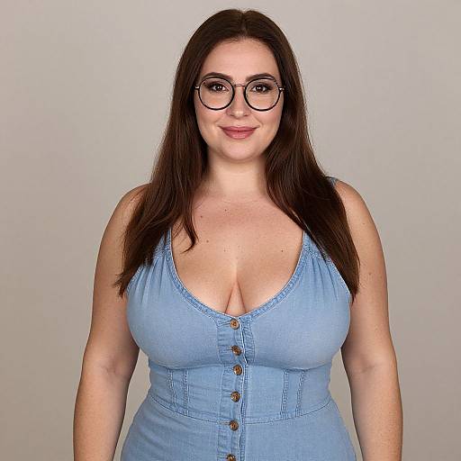 Photograph of a plus-sized woman with long brown hair, wearing glasses, a light blue button-up tank top, and smiling against a plain white background