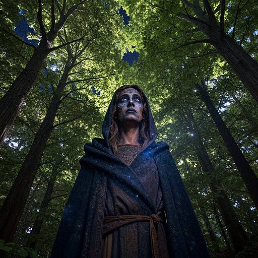 Photograph of a statue of a solemn, long-haired woman in medieval robes, standing in a dense, sunlit forest with tall trees.