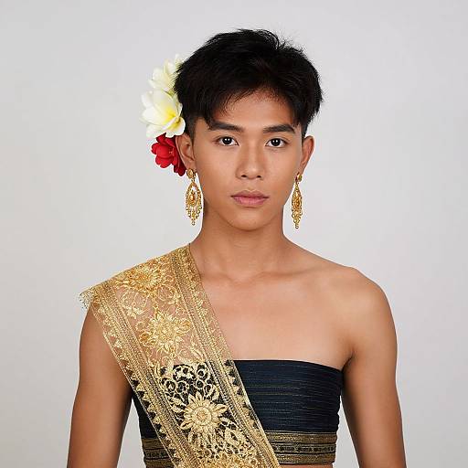 Photograph of an Asian man with short black hair, wearing a black strapless top, gold embroidered sash, gold earrings, and a red flower