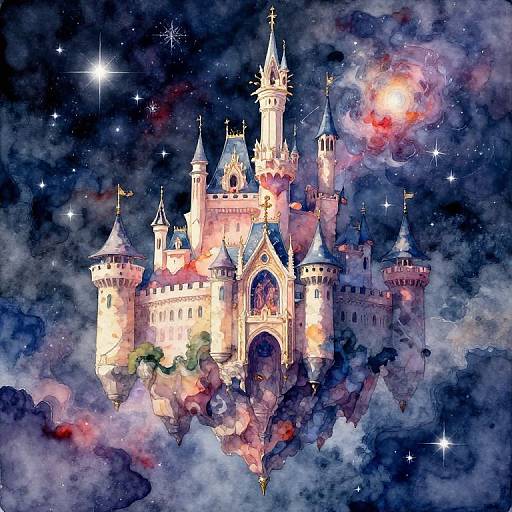 Watercolor painting of a luminous, fairy-tale castle with multiple towers and spires, surrounded by a starry, cosmic night sky with neb