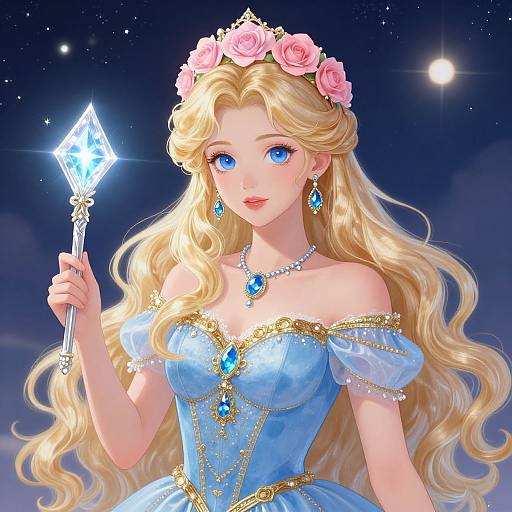 Digital anime-style princess with long blonde hair, blue eyes, pink rose crown, blue off-shoulder gown, holding glowing crystal wand, starry
