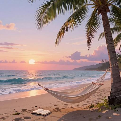Photograph of a serene beach at sunset, featuring a white hammock between two palm trees, an open book on the sand, and a colorful sky
