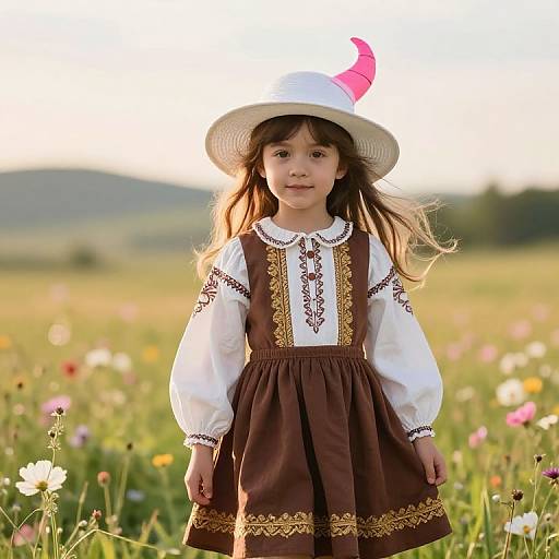 Photograph of a young girl with long brown hair, wearing a white hat with a pink feather, brown dress with white blouse, standing in a sun