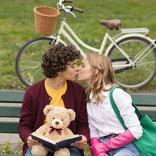 Young Couple Kissing on Park Bench with Teddy Bear