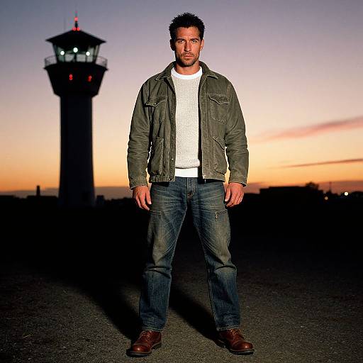 Photograph of a bearded man in a green jacket, white shirt, and blue jeans standing in front of a silhouetted airport control tower