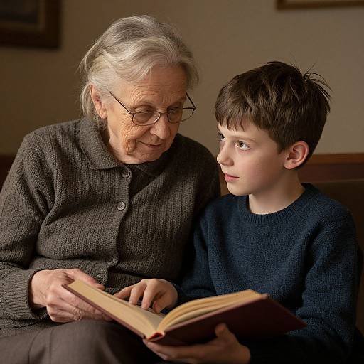 Photograph of an elderly woman with grey hair and glasses reading a book to a young boy with short brown hair, both wearing dark sweaters, in