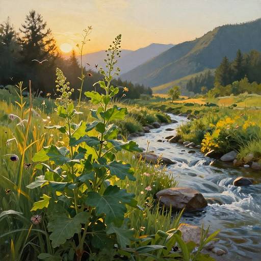 Photograph of a sunlit, mountainous landscape at sunset, featuring a flowing stream with rocks, green foliage, and tall grasses.