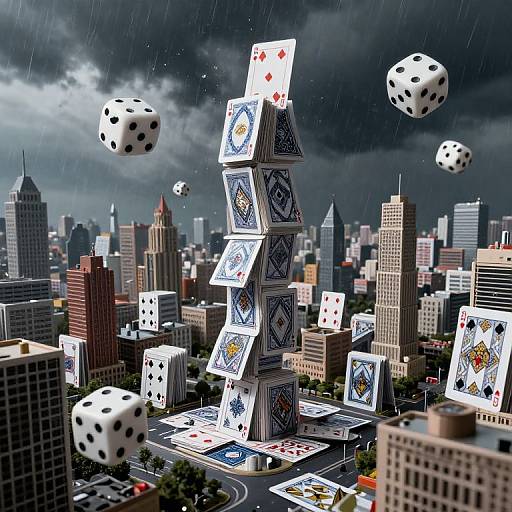 Digital artwork of a city skyline with towering playing cards and floating dice under a stormy sky, cards and dice in mid-air.