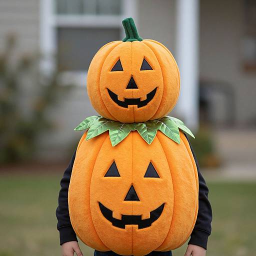 Photograph of a person wearing a large, orange, two-tiered carved pumpkin costume with green leafy stem, smiling jack-o'-lantern faces
