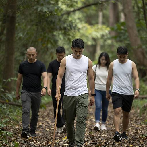 Muscular Man Leading Sunlit Forest Walk
