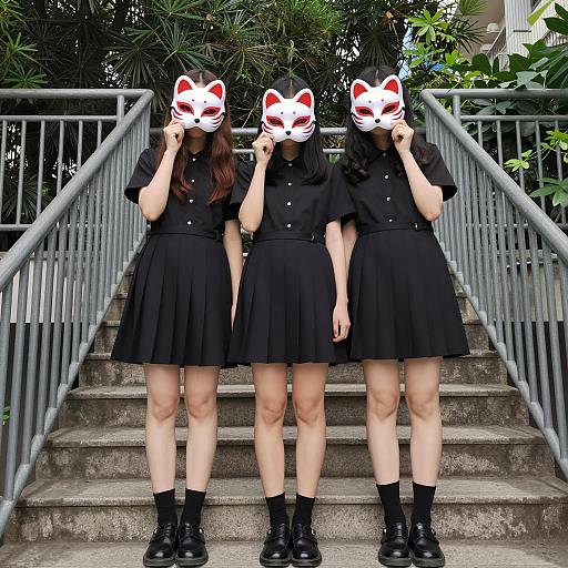 Three women in black uniforms with fox masks