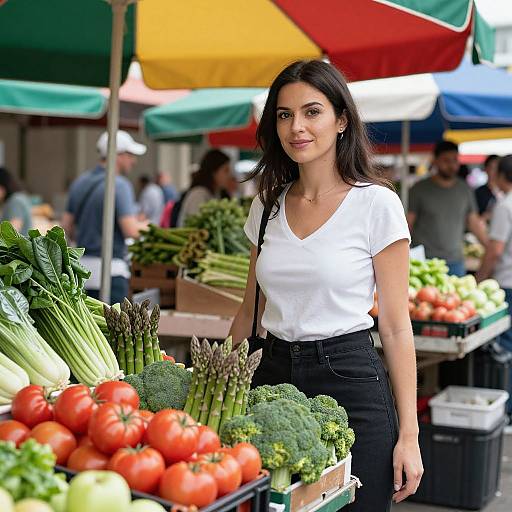 Graceful Woman at Vibrant Vegetable Market