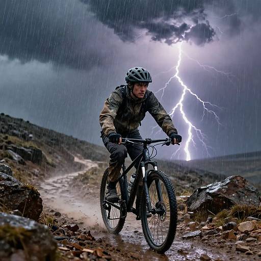 Photograph of a cyclist in rain gear and helmet riding a mountain bike on a rocky path during a lightning storm.