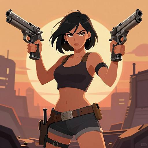 Confident Woman with Dual Pistols in Post-Apocalyptic Setting