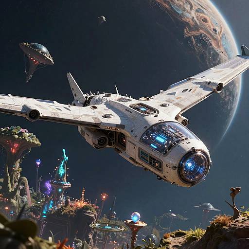 Digital sci-fi artwork: futuristic white spaceship with glowing blue lights, flying over vibrant alien planet with colorful cities, floating creatures, and a large planet in