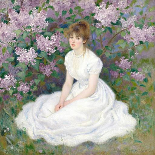 Digital painting of a fair-skinned woman with brown hair, wearing a white dress, seated amid blooming lilac bushes, with a soft, impression