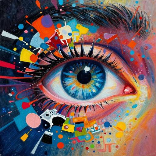 Vivid digital artwork of a blue, detailed eye surrounded by colorful abstract shapes, including reds, blues, yellows, and blacks.