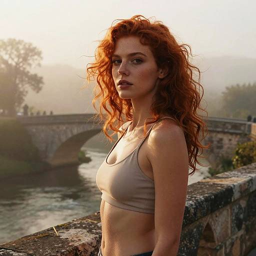 Fiery Redhead Woman at Dawn Bridge