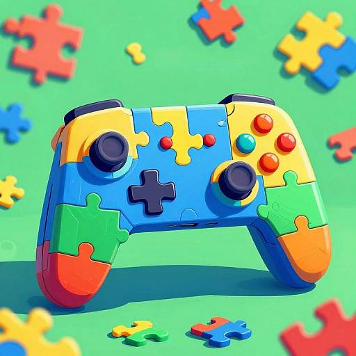 Colorful, cartoon-style video game controller made of jigsaw puzzle pieces, with red, blue, yellow, green, and orange sections, surrounded by