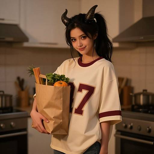 Digital artwork of a young woman with black horns, long dark hair, wearing a white football jersey with a maroon 