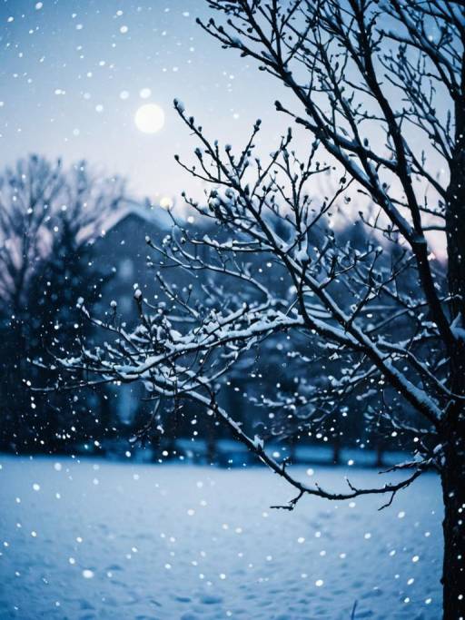 Snowfall on Bare Tree Branch at Night