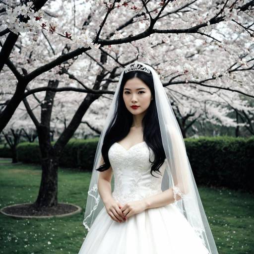Bride in White Wedding Dress with Cherry Blossoms