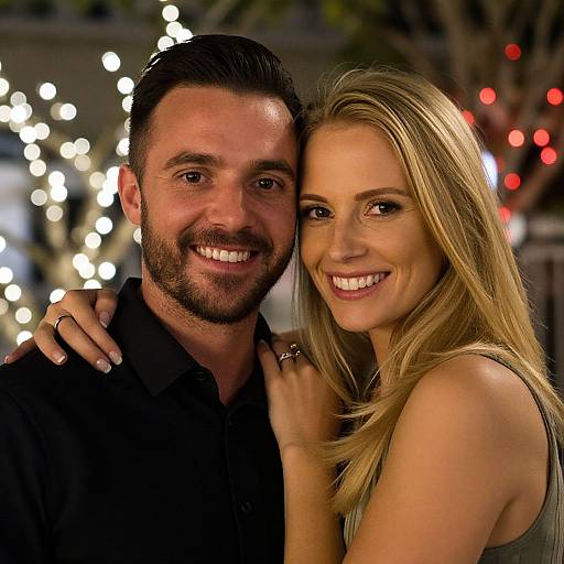 Photograph of a smiling couple, man with dark hair and beard, woman with blonde hair, both in black attire, against a bokeh background of
