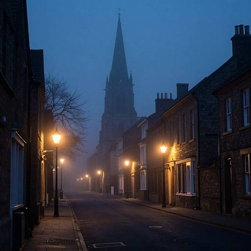 Photograph of a foggy, blue-lit, deserted street lined with brick buildings and glowing street lamps, with a tall, pointed church stee