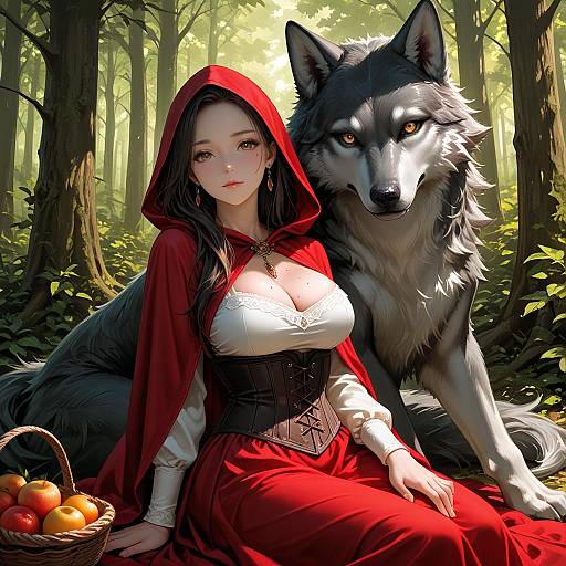 Girl in Red Hood with Wolf in Forest
