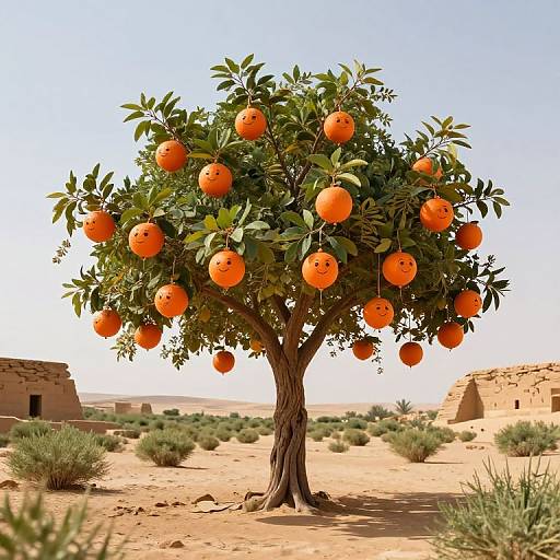 Photograph of a vibrant orange tree with round, orange fruits hanging from its green leaves, set in a desert landscape with sandy ground, sparse vegetation,