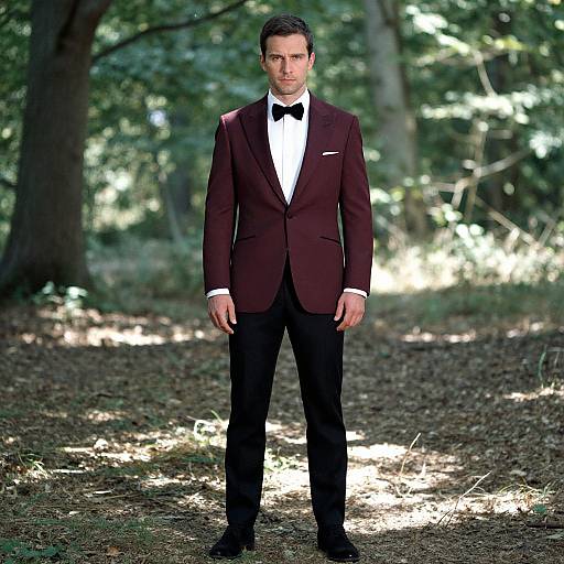 Photograph of a tall, handsome man with short dark hair, wearing a burgundy tuxedo, black bow tie, white shirt, standing in