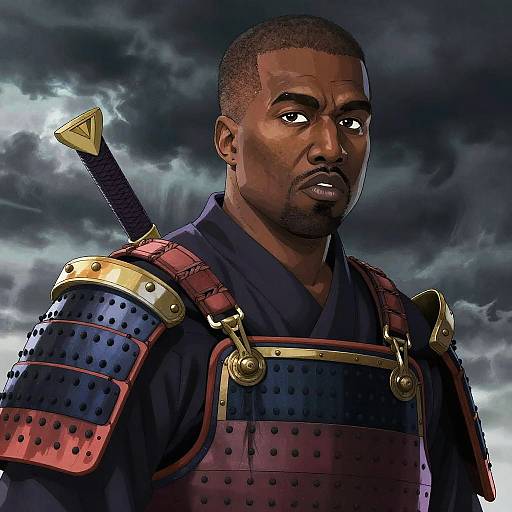 Digital illustration of a serious, muscular Black samurai with dark skin, wearing red and black armor with gold accents, and a sword on his back,